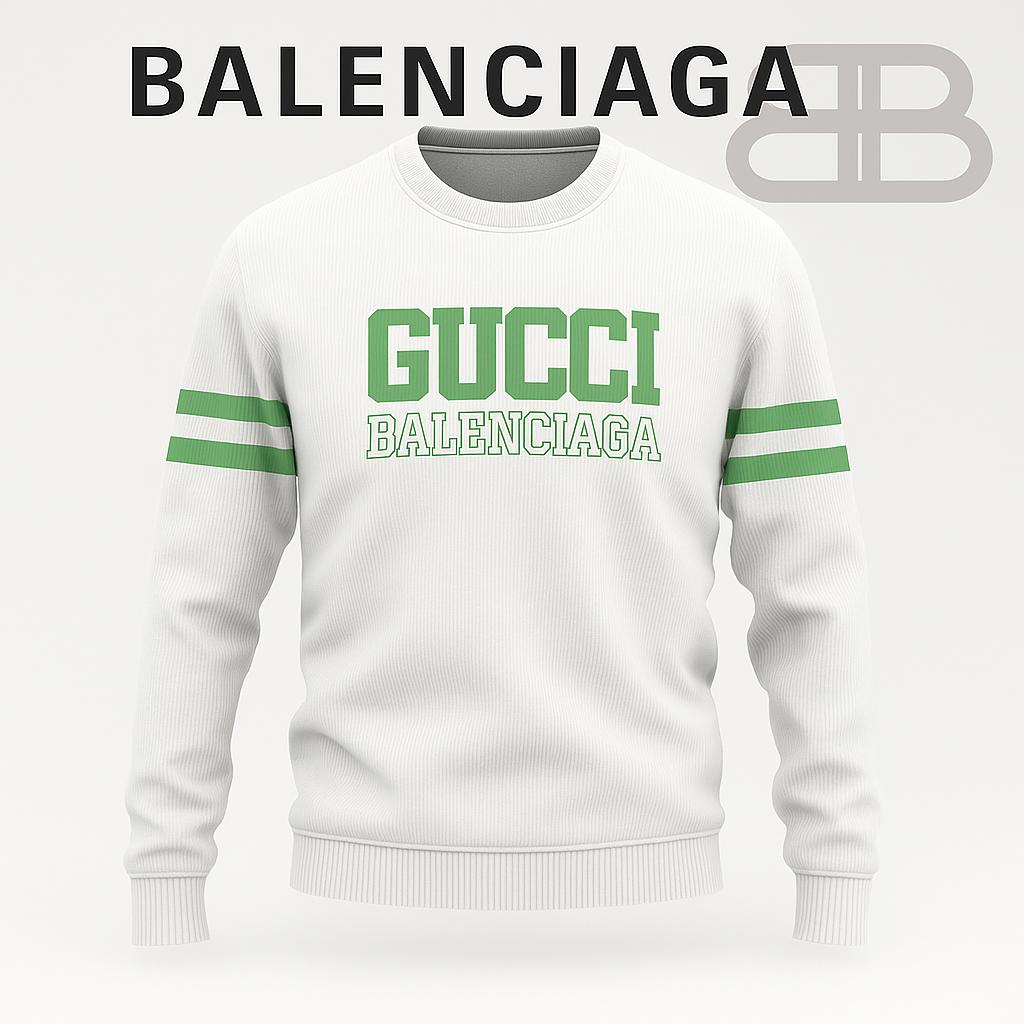 Gucci x Balenciaga White Sweater with Green Accents and Bold Logo