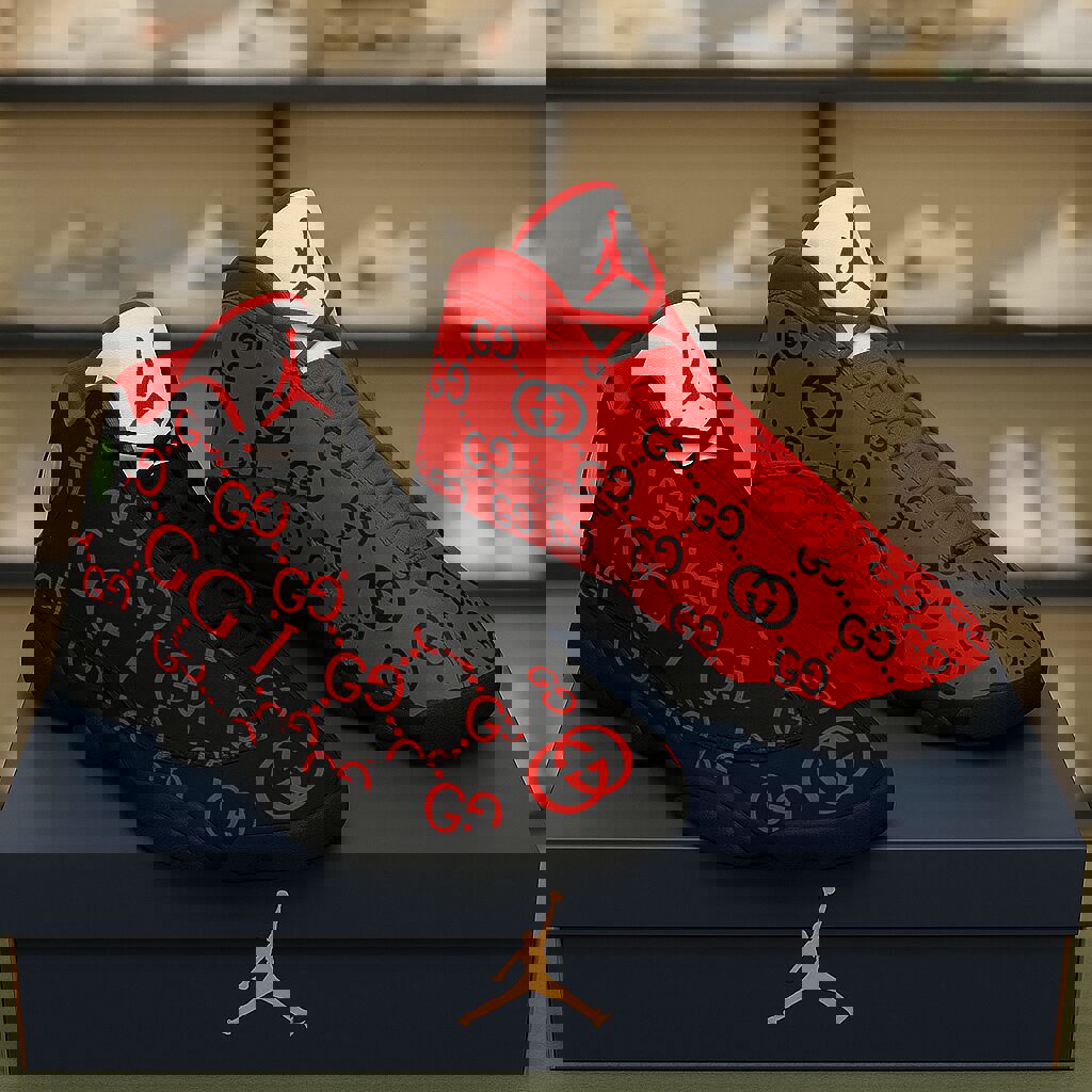 Gucci x Jordan Brand Red Black Monogram Air Jordan 13 Sneaker Premium Luxury Collector's Highlight