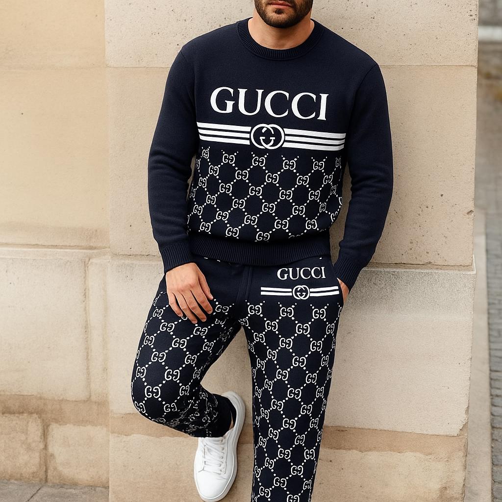 Gucci's Bold Navy Sweater And Pants Set with Monogram Embroidery and Statement Style