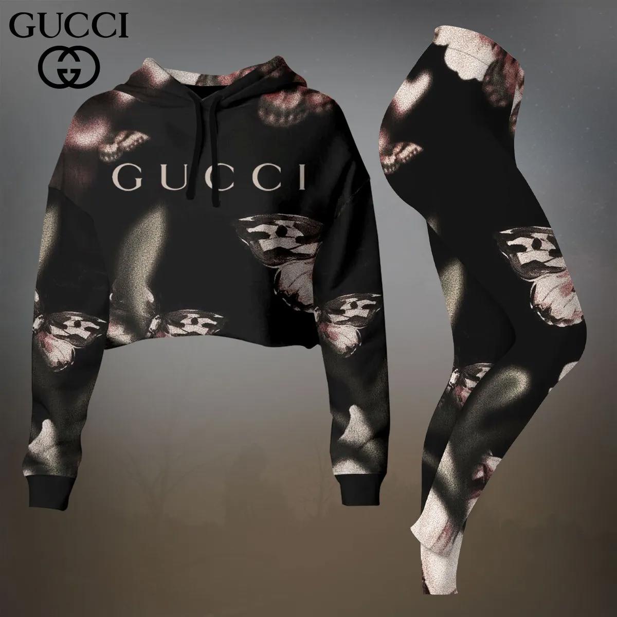 Gucci's Luxurious Black and White Camouflage Crop-Top T-Shirt and Leggings Set - Bold Statement Style
