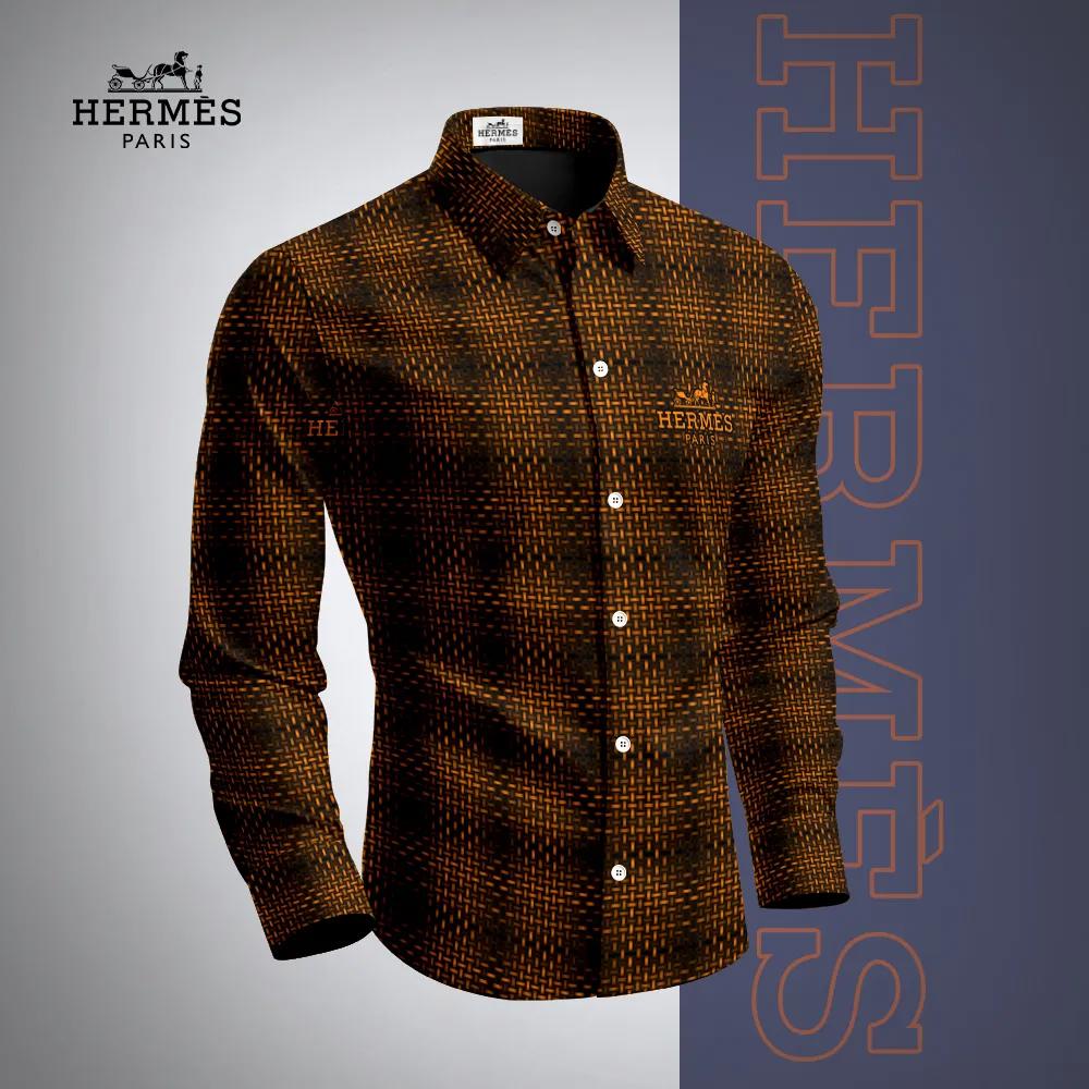 HERMES Brown Woven Long Sleeves Shirt