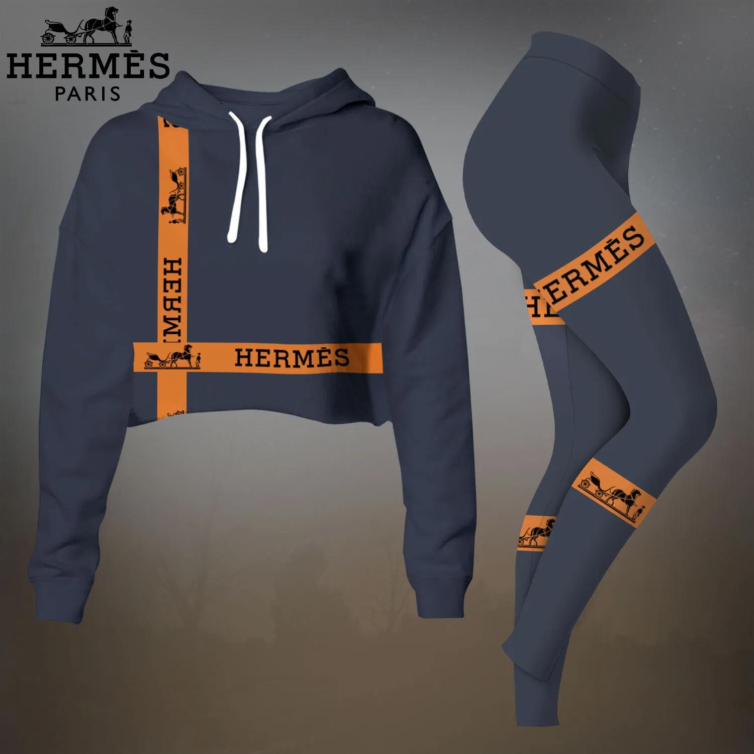 Hermes Iconic Navy Blue Cropped Hoodie & Leggings Set