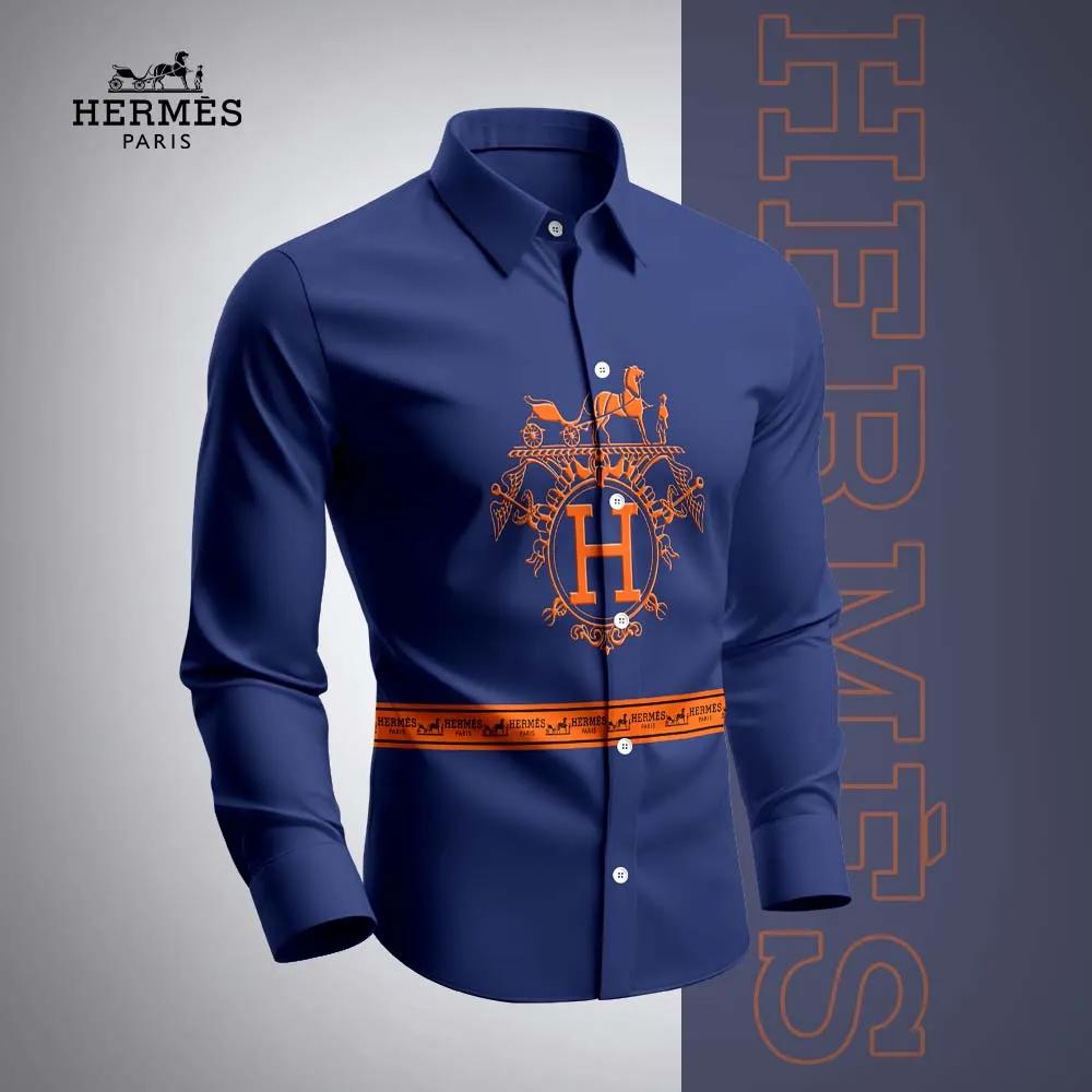Hermès Navy Blue Long Sleeves Shirt with Orange Horse and Carriage Emblem