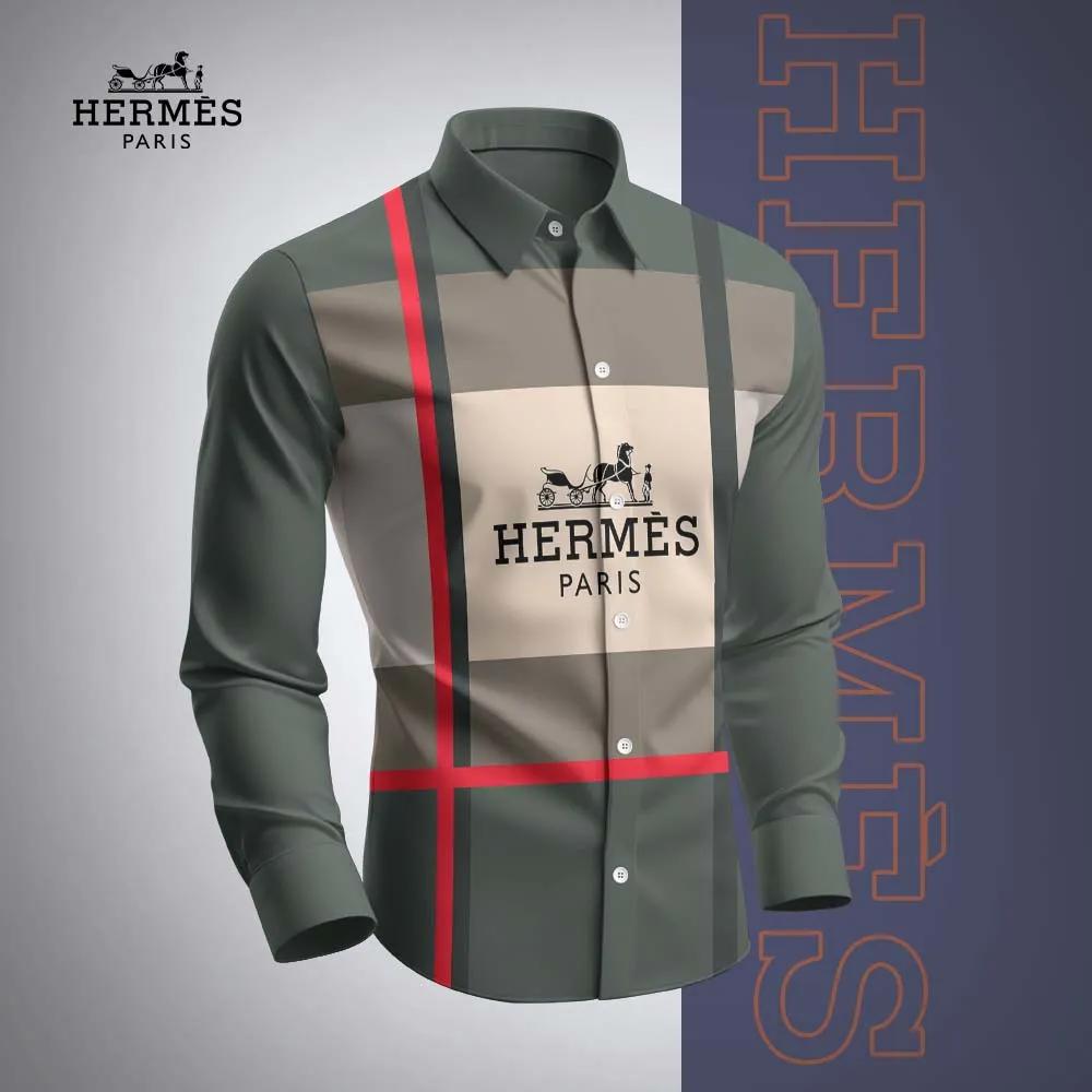 Hermes Paris and Striped Long Sleeves Shirt Green Statement Piece