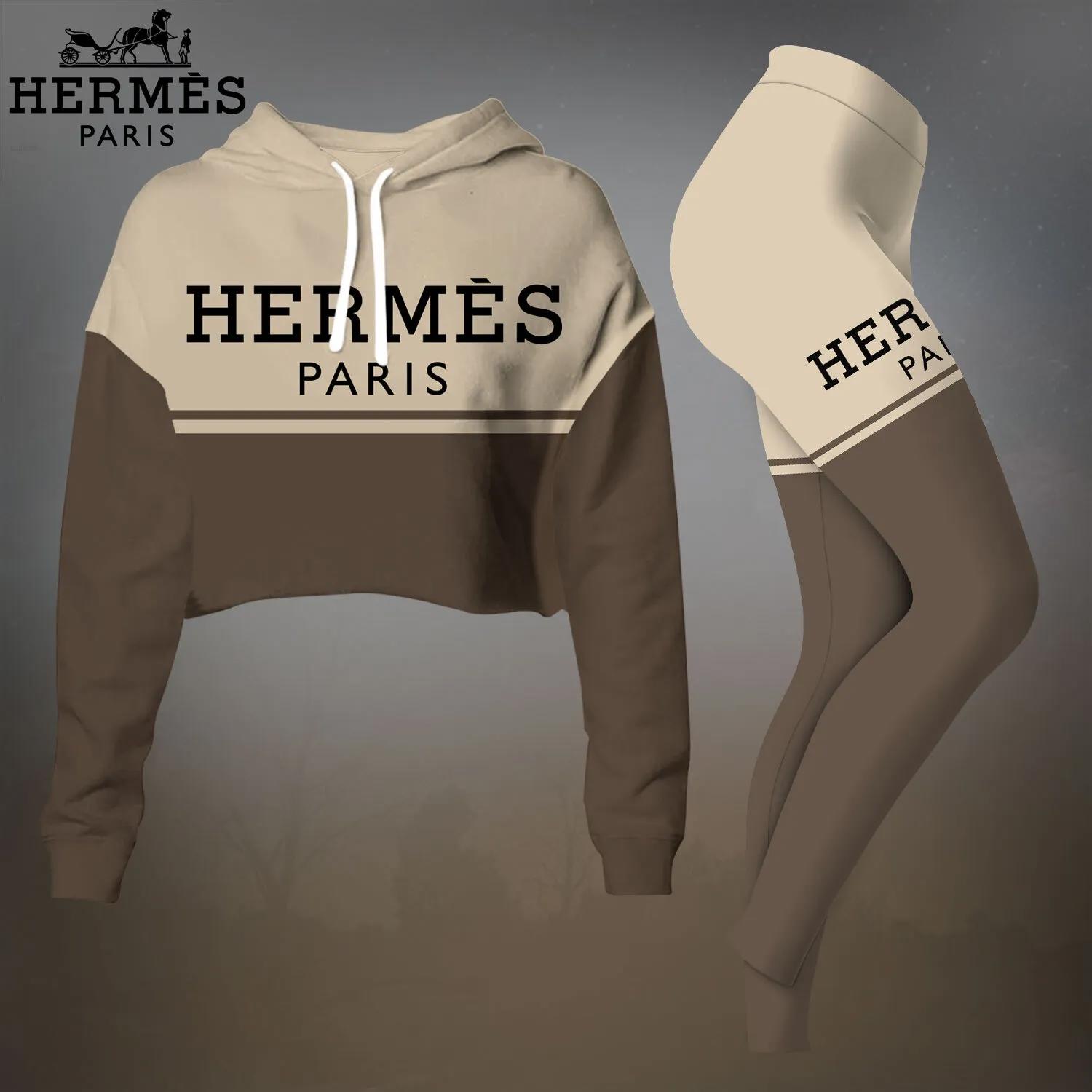 Hermes Paris Beige Crop-Top T-Shirt and Leggings Set - Modern Luxury Style
