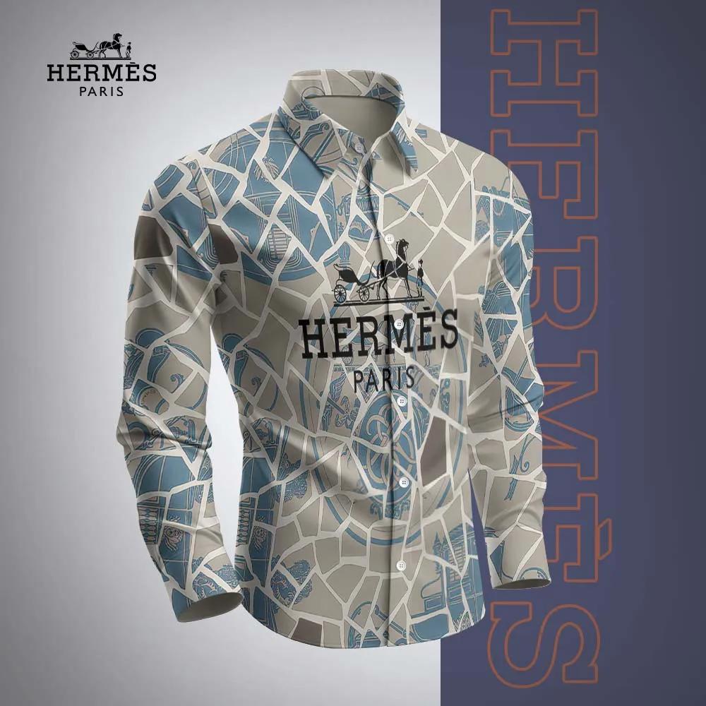 Hermes Paris Blue Mosaic Print Long Sleeves Shirt