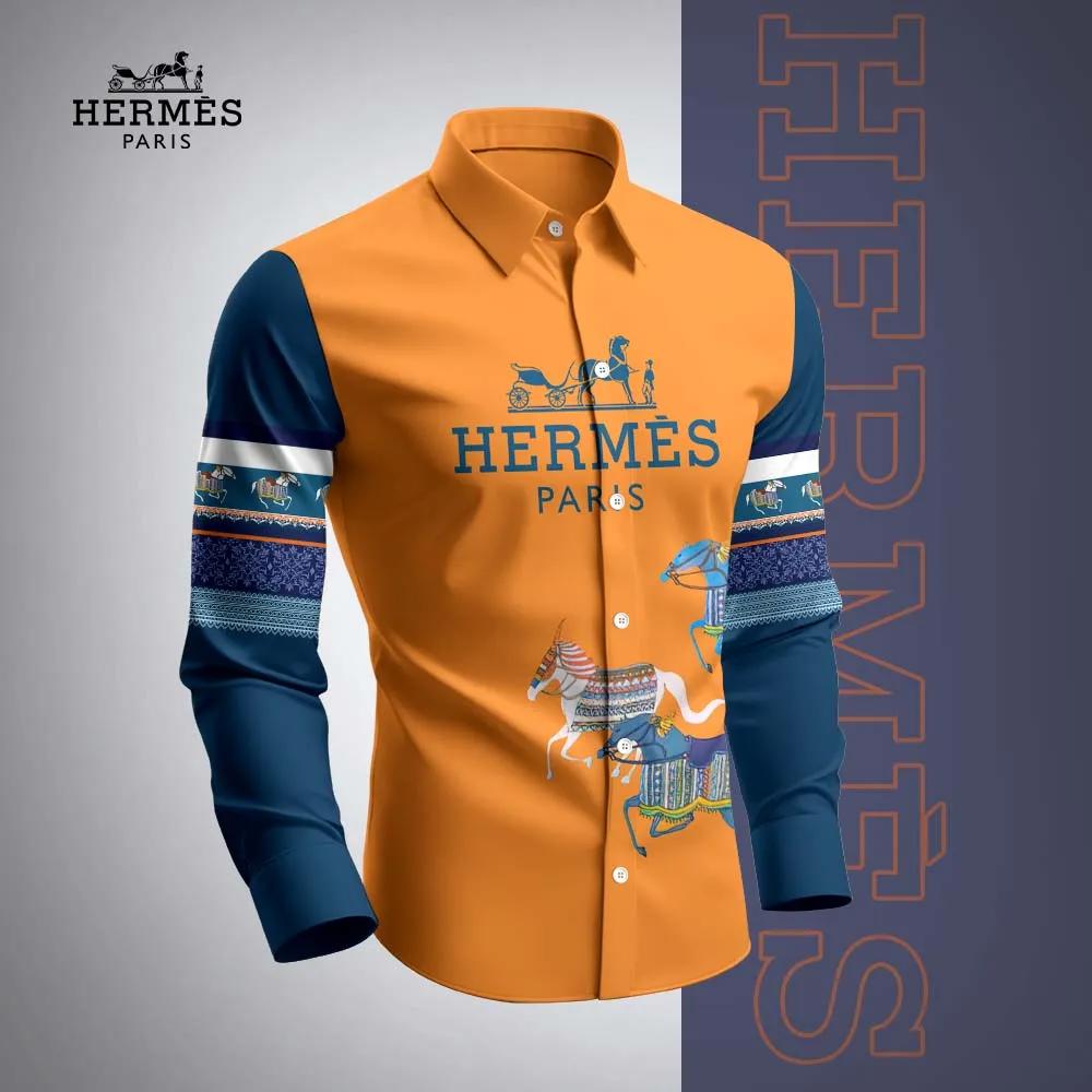 Hermes Paris Bold Long Sleeves Shirt in Orange and Navy