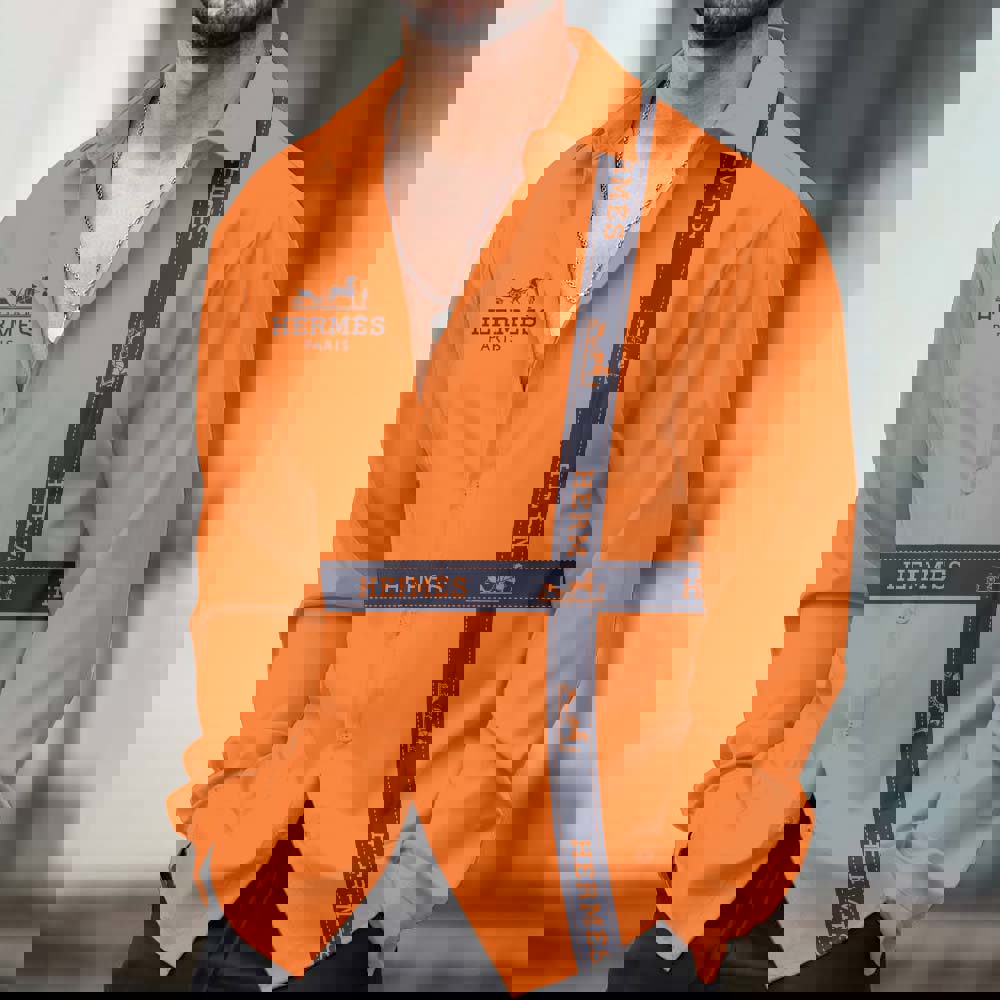 Hermès Paris Bold Orange Long Sleeves Shirt with Navy Embroidery Straps