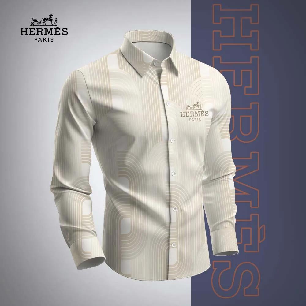 Hermès Paris Classic White Long Sleeves Shirt with Elegant Stripes and Luxury Branding