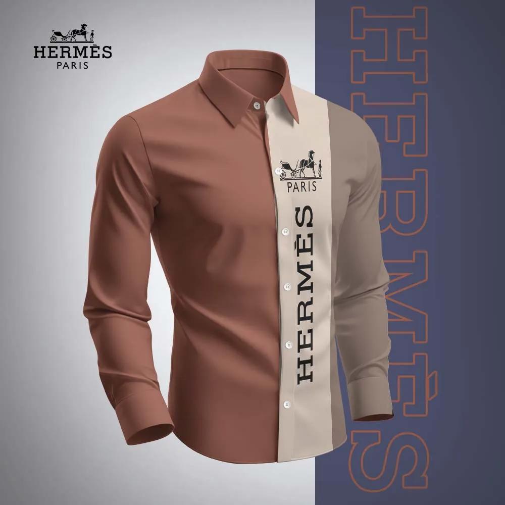 Hermès Paris Long Sleeves Shirt | Beige and Brown Luxe Statement Piece