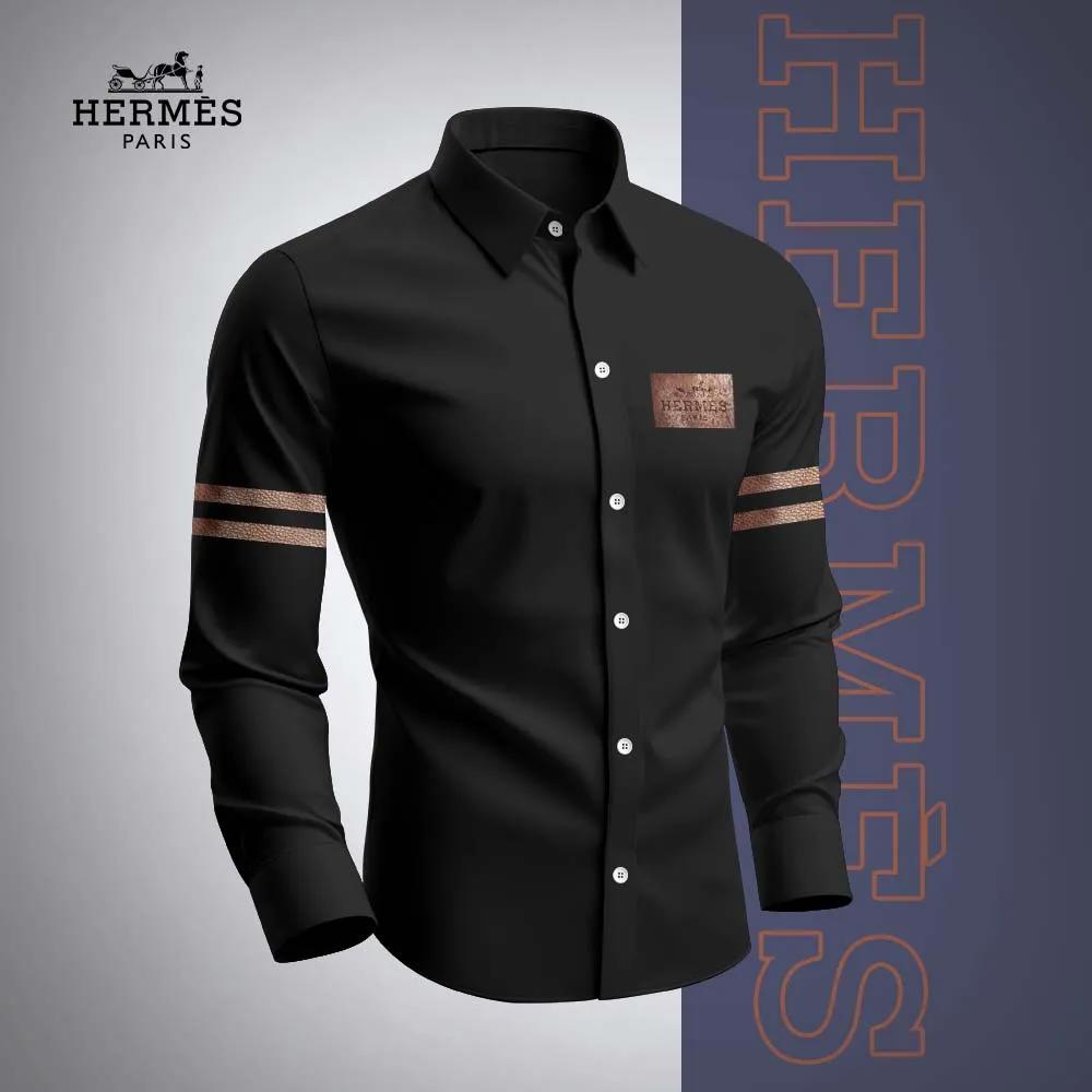 Hermes Paris Luxury Statement Long Sleeves Shirt with Bronze Stripes