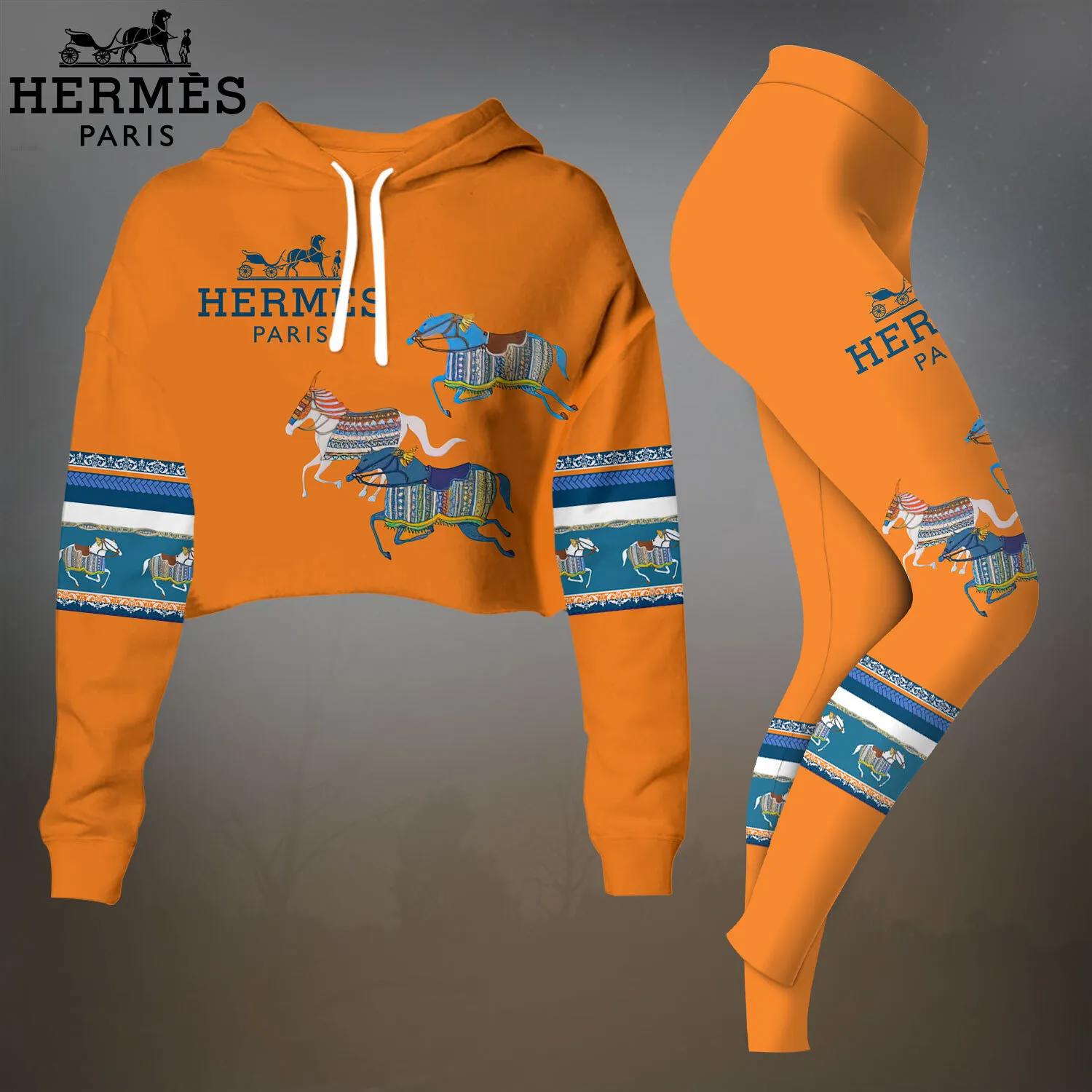 Hermes Paris Orange Limited Edition Cropped Hoodie & Leggings Set
