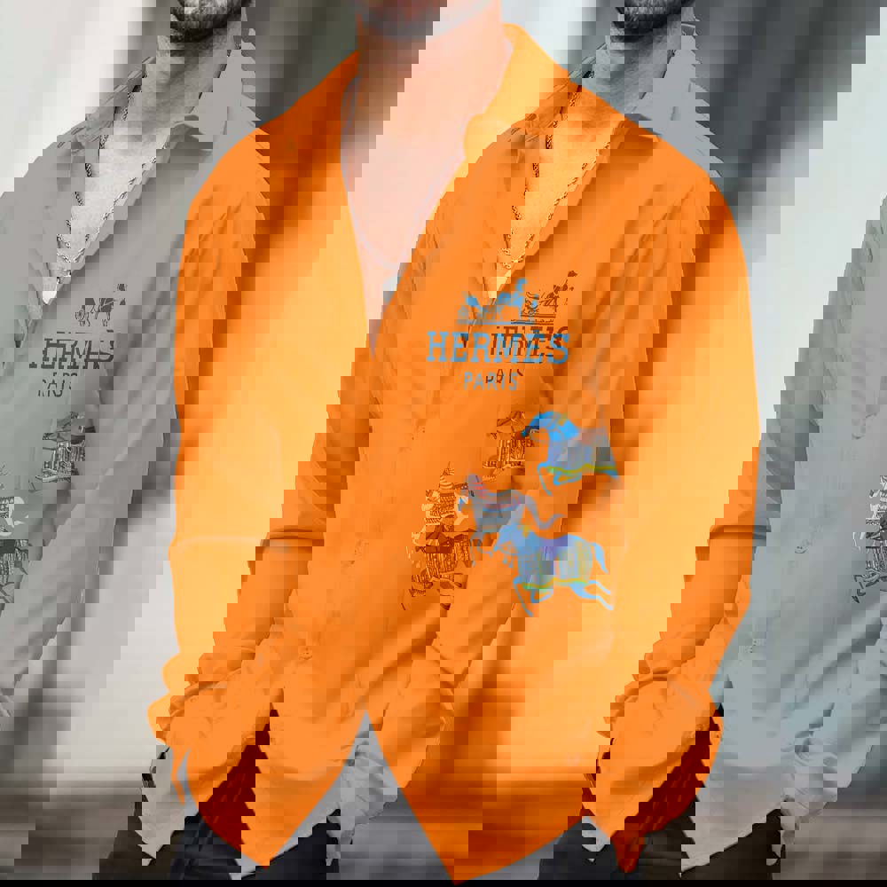 Hermes Paris Orange Long Sleeves Shirt with Bold Horse Motif