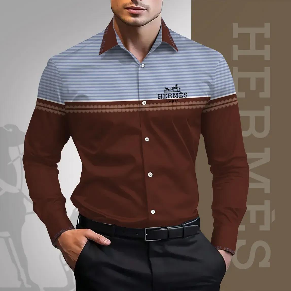 Hermes Paris Striped Long Sleeves Shirt in Brown and Blue