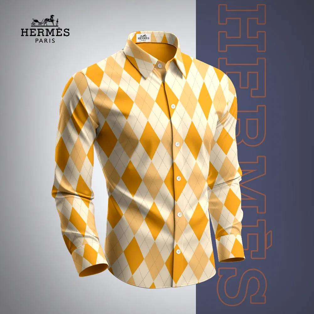 HERMES Paris | Yellow and White Diamond Pattern Long Sleeves Shirt