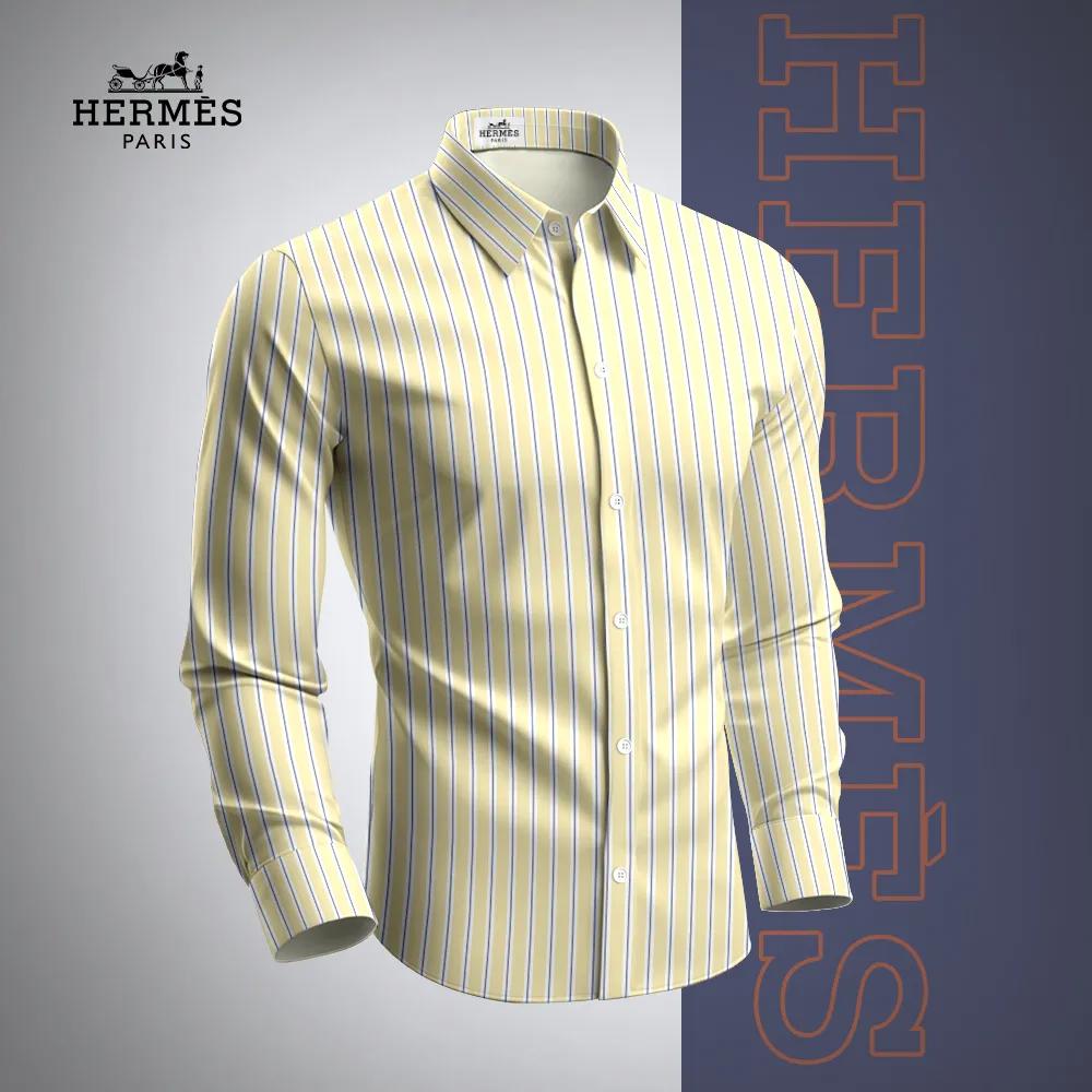 Hermes Yellow Striped Long Sleeves Shirt with Classic Fit & Bold Style