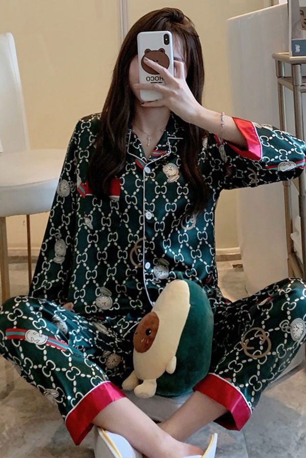 Iconic Green & Red Silk Pajama Set with GG Logo