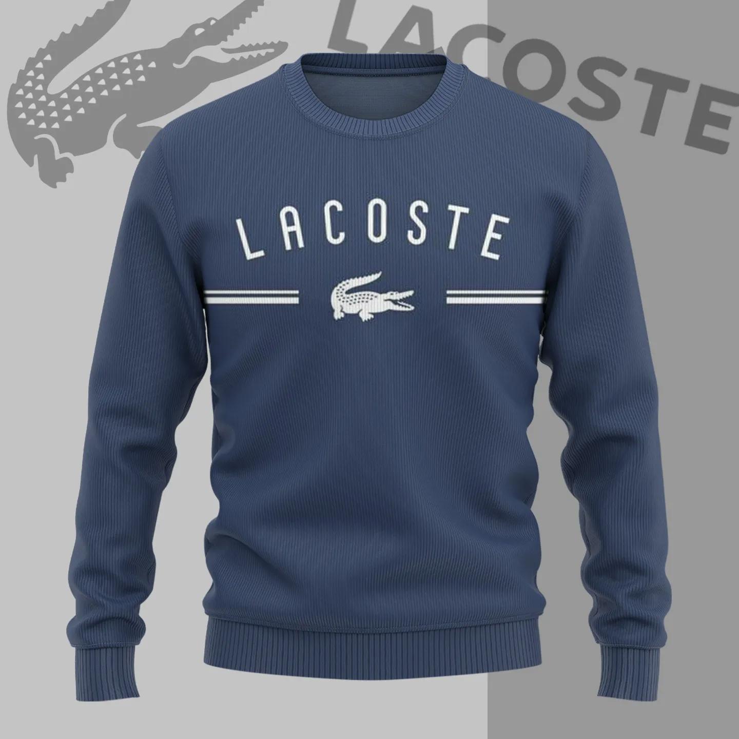 Lacoste Blue Knit Sweater with Embroidered Logo and Ribbed Texture