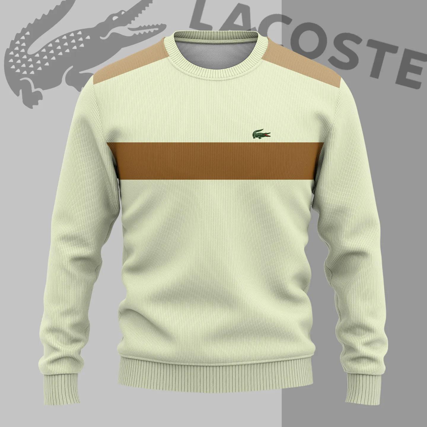 Lacoste Classic Beige Sweater with Bold Brown Stripes