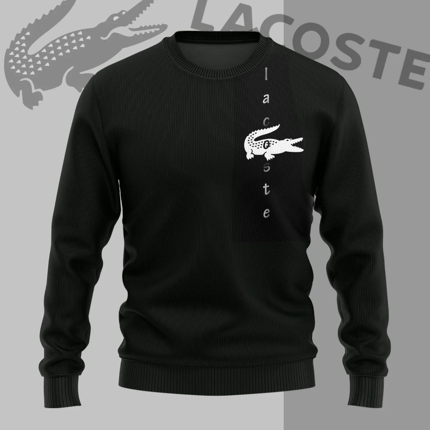 Lacoste Classic Black Sweater with Bold Croc Logo and Ribbed Knit