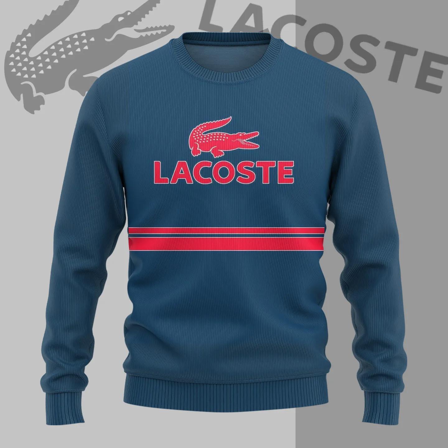 Lacoste Navy Ribbed Sweater with Red Stripe and Crocodile Logo