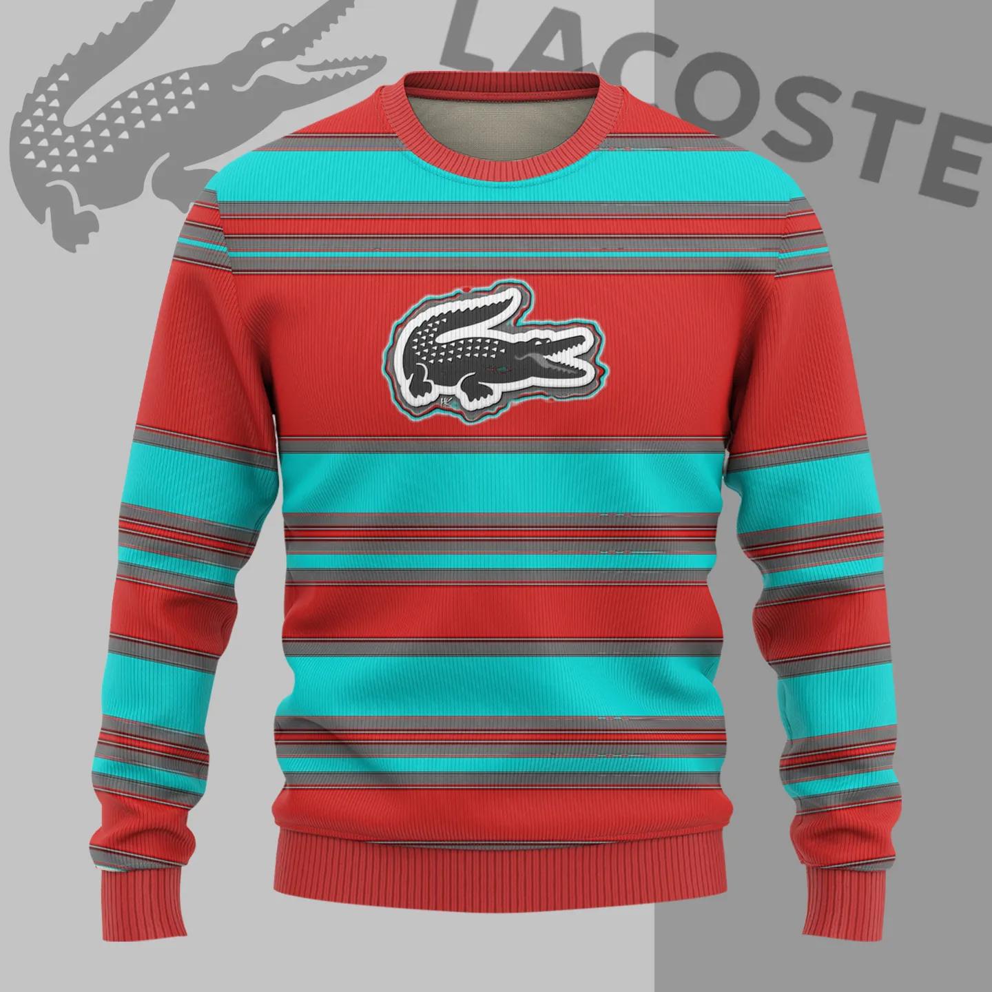 Lacoste Striped Red and Teal Sweater with Croc Logo