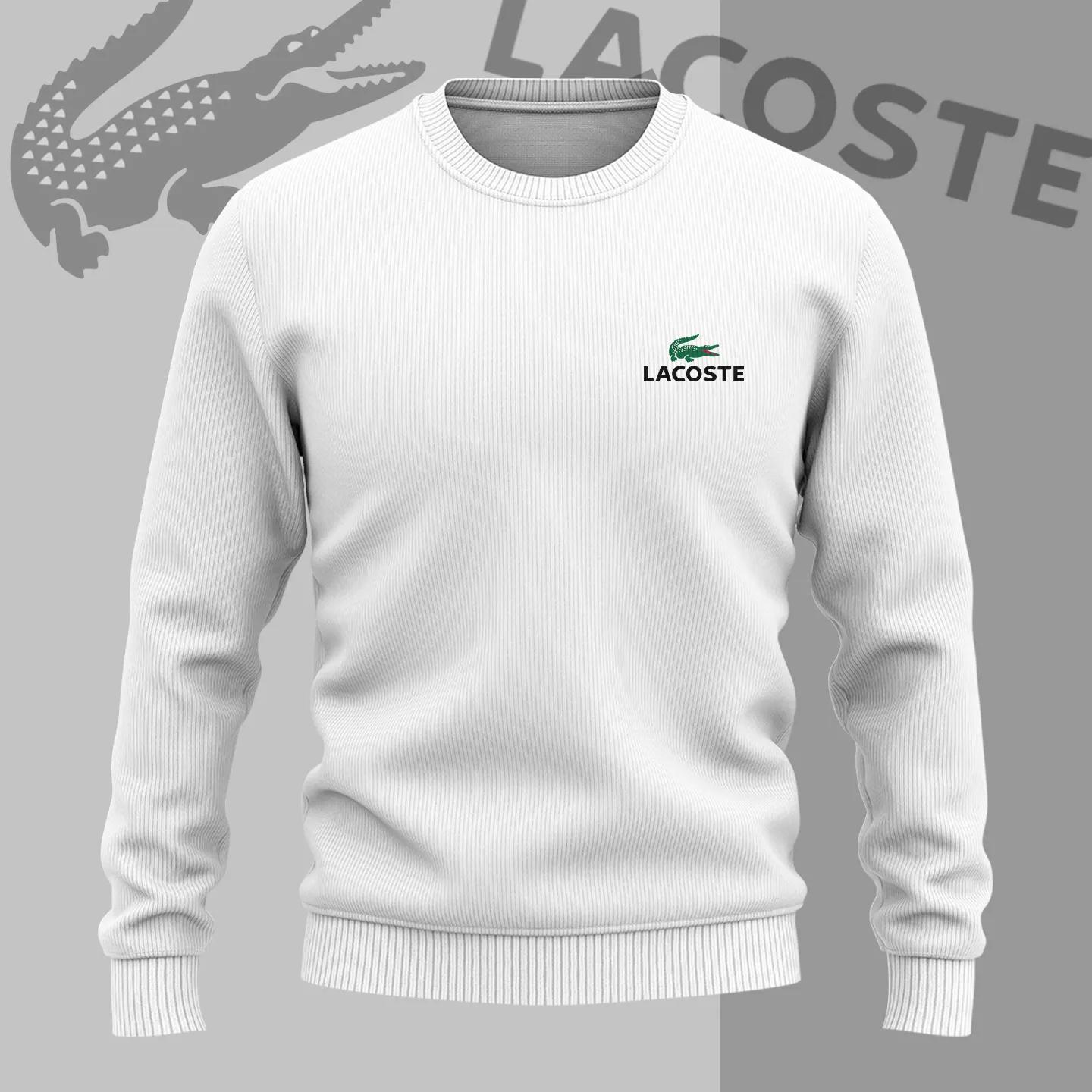 Lacoste White Ribbed Sweater with Bold Croc Logo