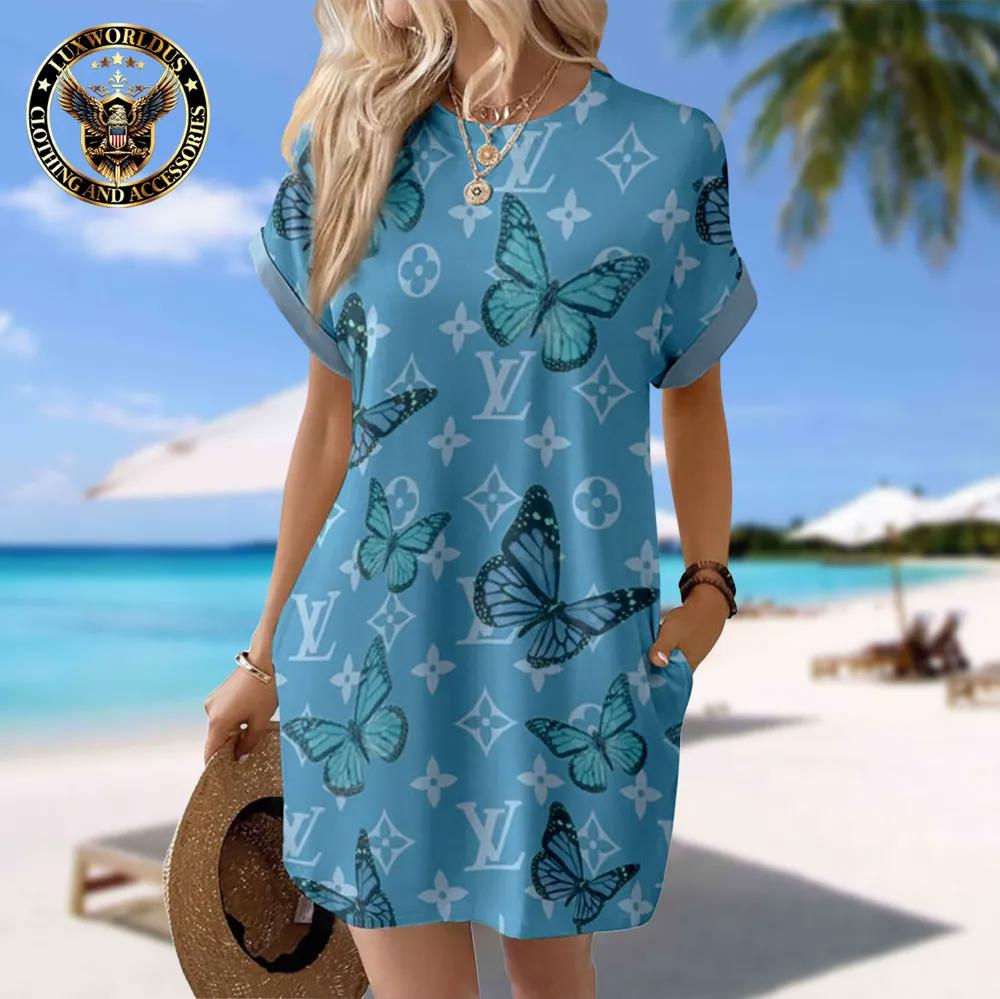 Louis Vuitton Blue Butterfly Dress with Pocket Adorned in Statement Prints