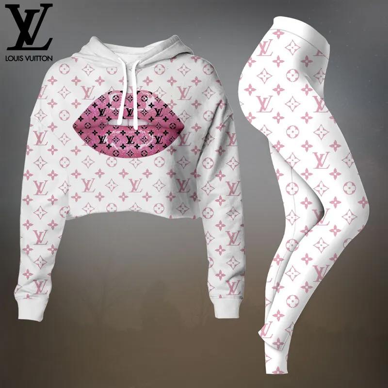 Louis Vuitton Bold Pink Lips Cropped Hoodie and Leggings Set