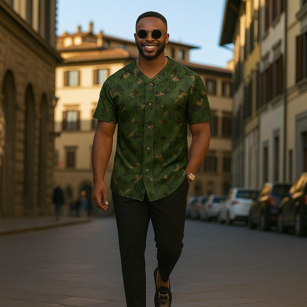 Louis Vuitton Camo Baseball Jersey in Bold Green and Brown