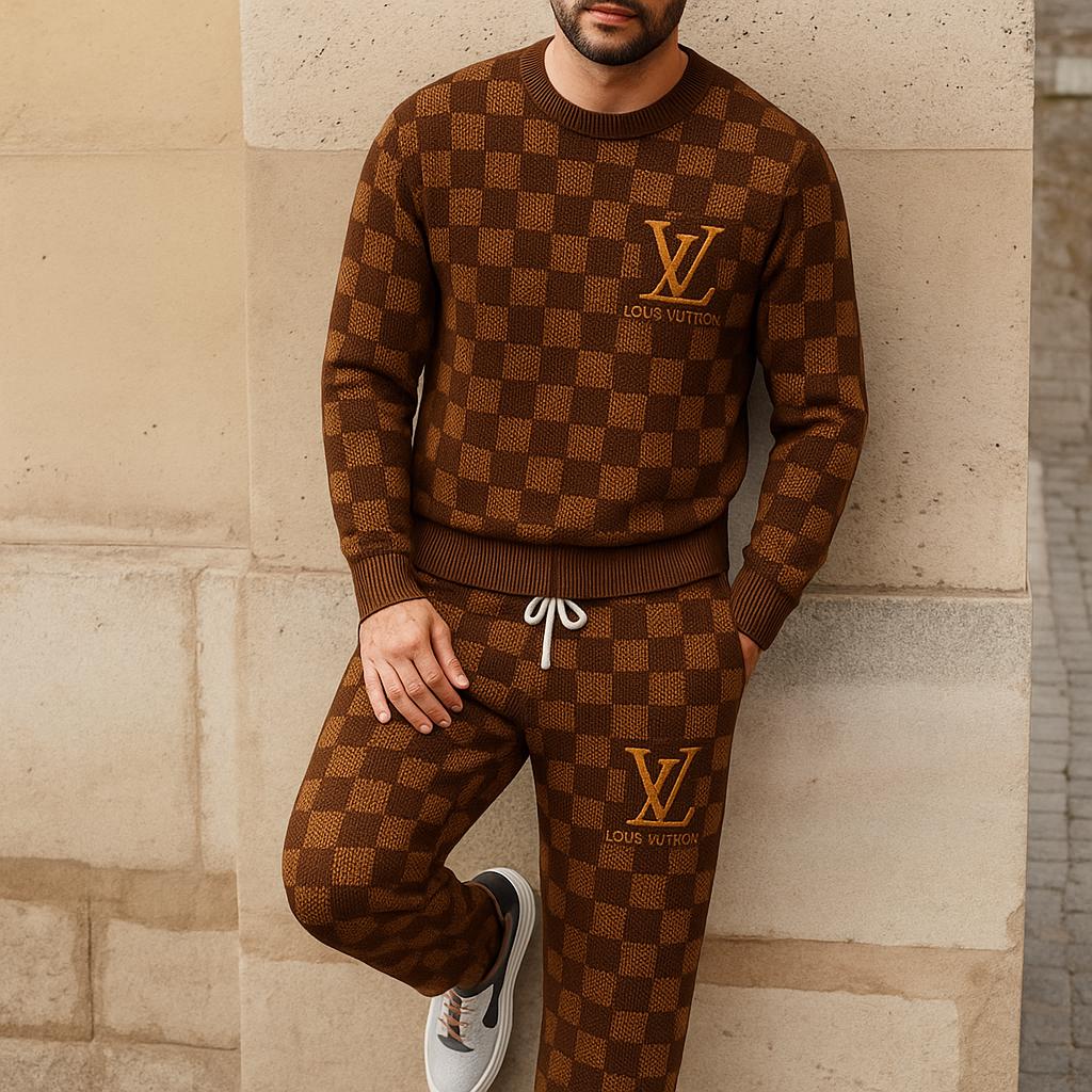 Louis Vuitton Checkerboard Sweater And Pants Set Chic Brown Statement Wear