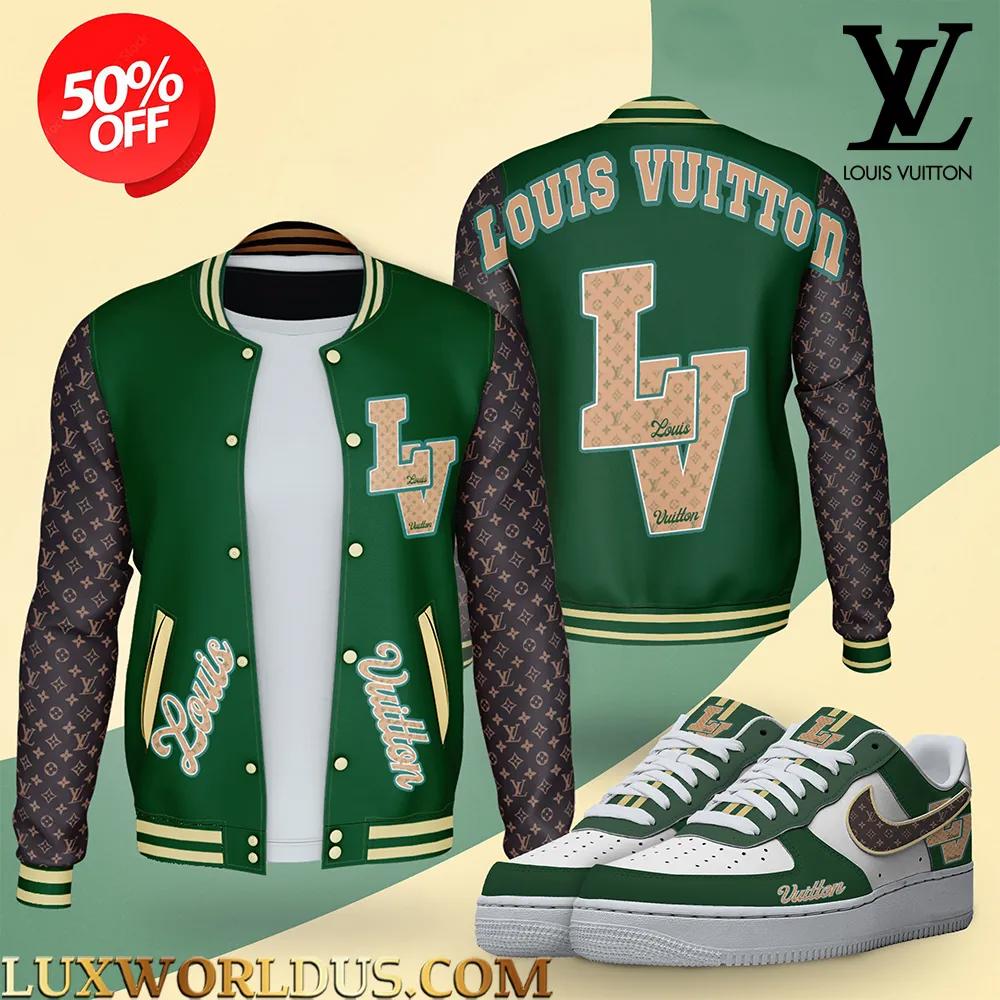 Louis Vuitton Green Luxe Monogram Baseball Jacket & Shoes Set