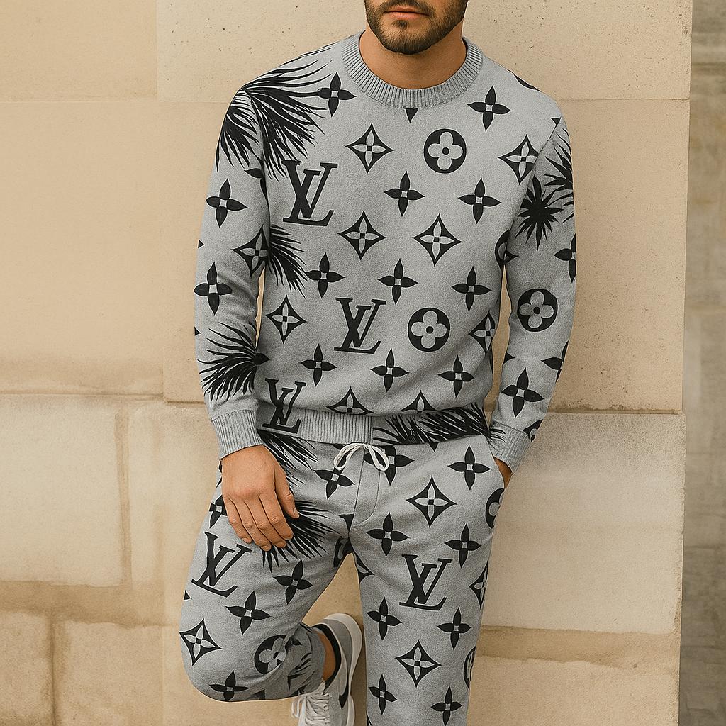 Louis Vuitton Iconic Monogram Sweater And Pants Set - Elegant Grey & Black Luxury Lifestyle Ad