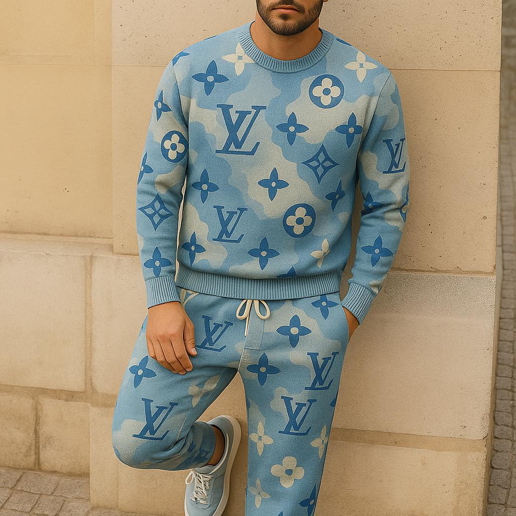 Louis Vuitton Luxe Camo Sweater And Pants Set - Chic Blue Monogram Tracksuit