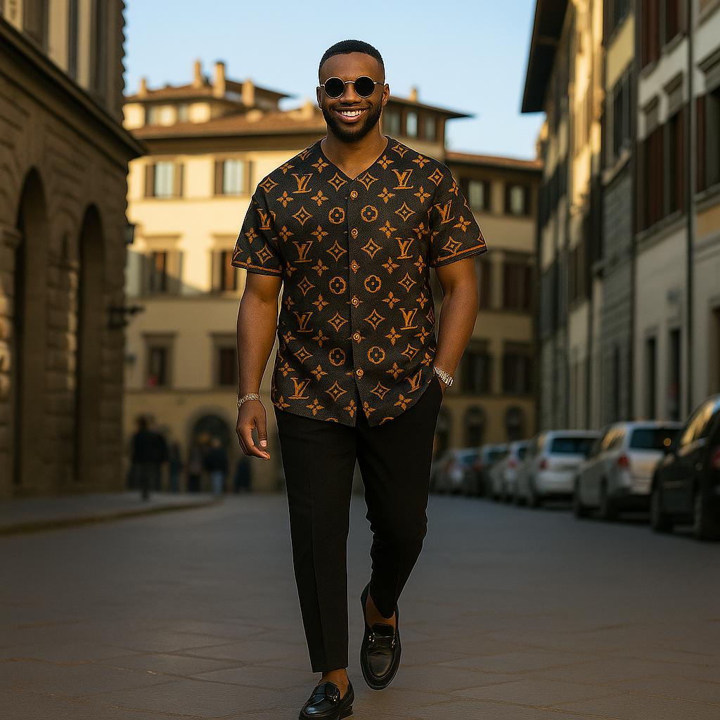 Louis Vuitton Monogram Baseball Jersey with Bold Black and Gold Texture