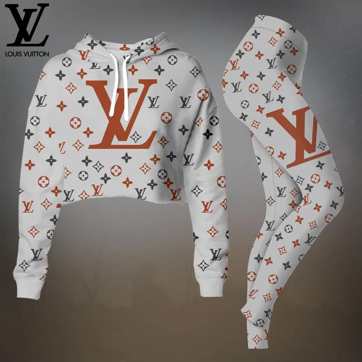 Louis Vuitton Monogram Crop-Top T-Shirt and Leggings Set - Elegant White with Bold Orange Accents