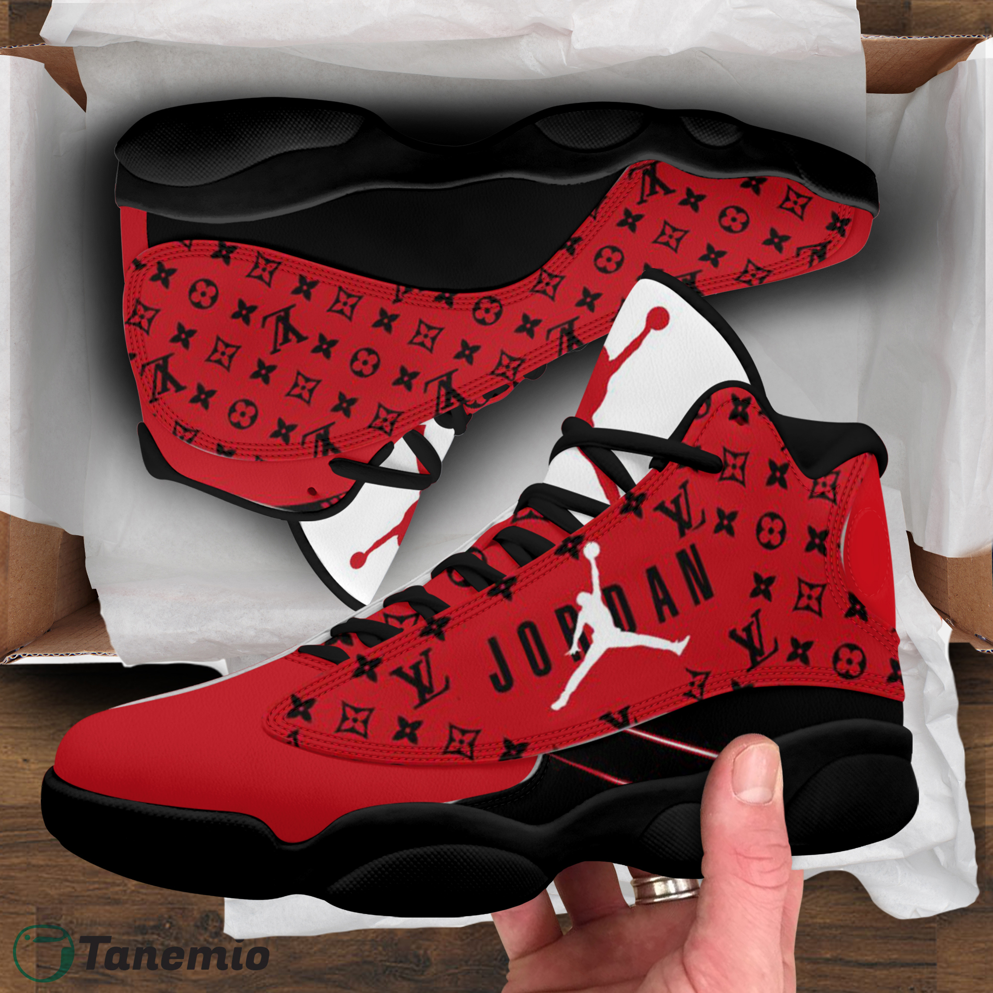 Louis Vuitton Monogram Jordan 13 Sneaker in Red & Black