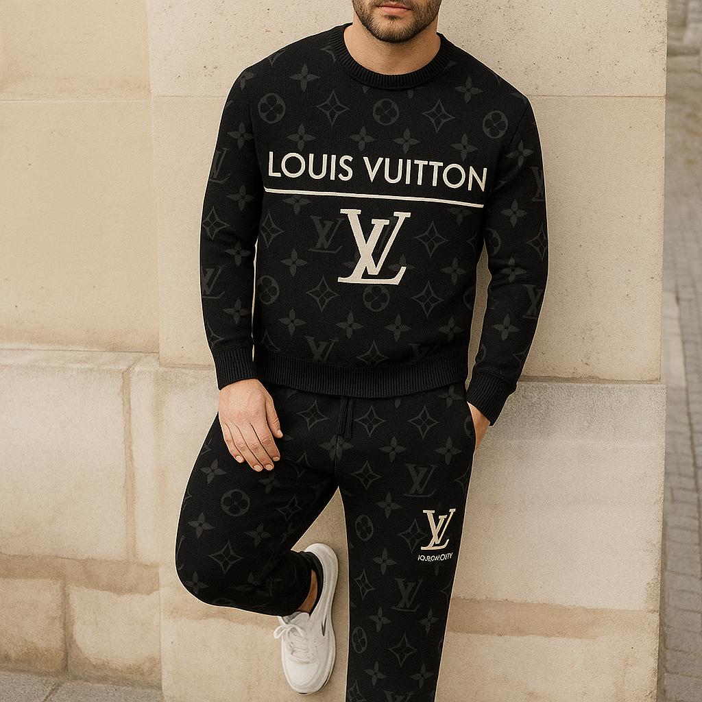 Louis Vuitton Monogram Sweater And Pants Set in Black Chic Luxury Lifestyle Ad
