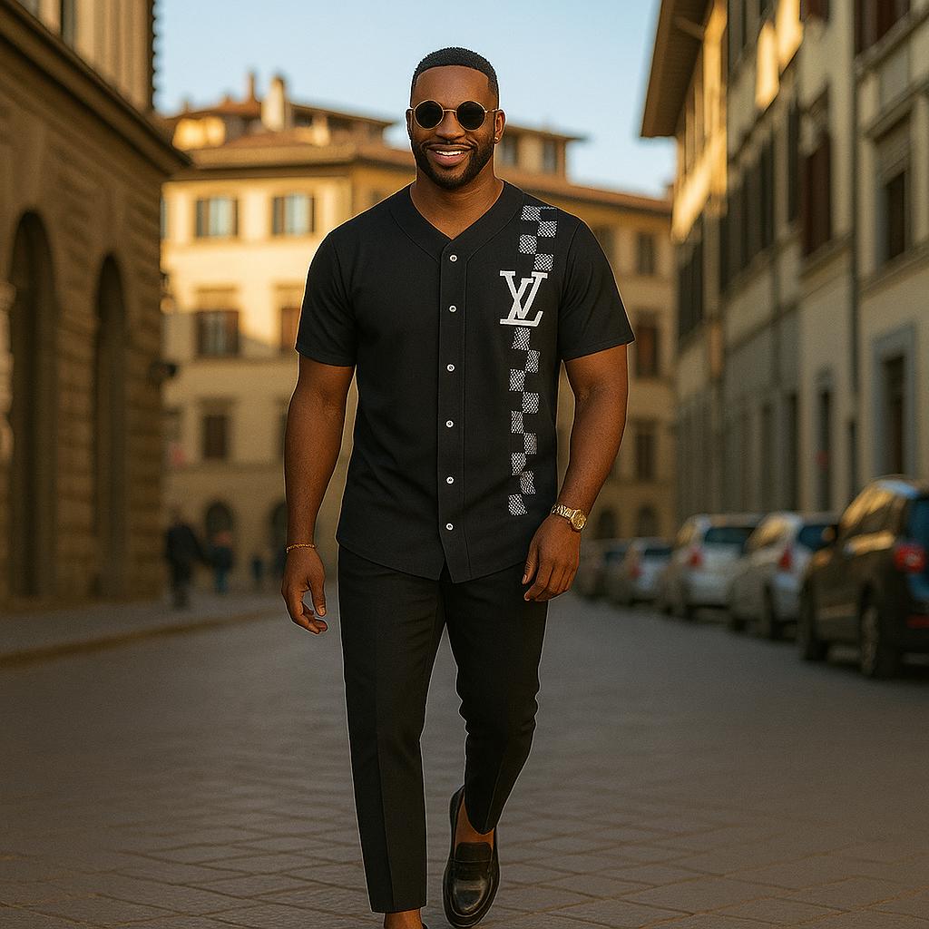 Louis Vuitton Premium Baseball Jersey in Black and Bold Checkerboard Design