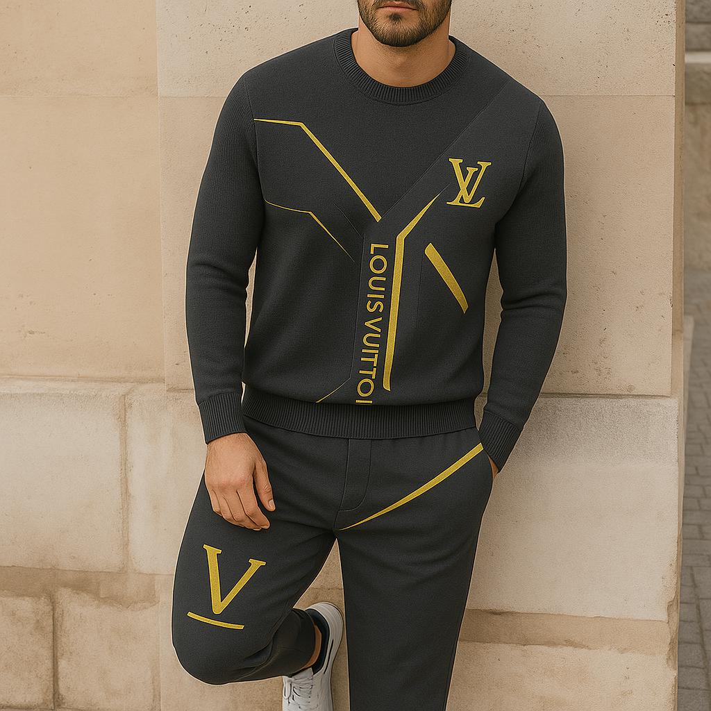 Louis Vuitton Premium Sweater And Pants Set Black and Gold Statement Style