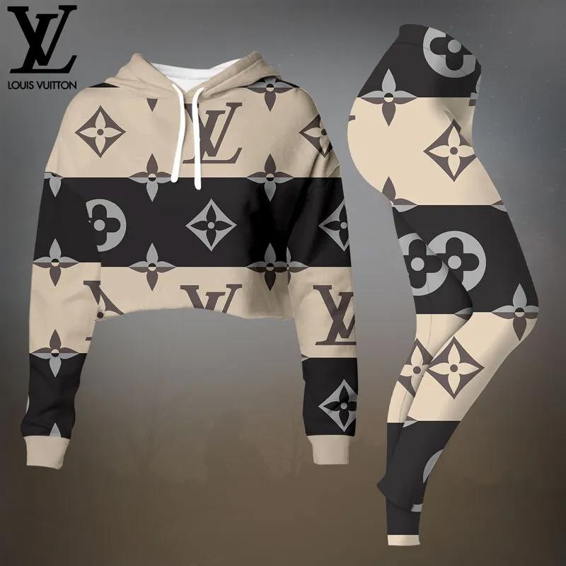 Louis Vuitton Statement Hoodie Set | Luxe Monogram Print Crop-Top T-Shirt and Leggings