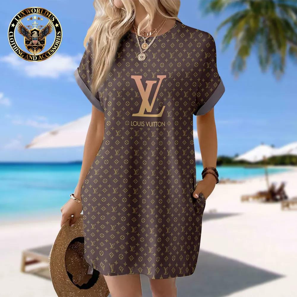 Louis Vuitton Statement Sleeve Pocket Dress in Luxe Brown and Gold