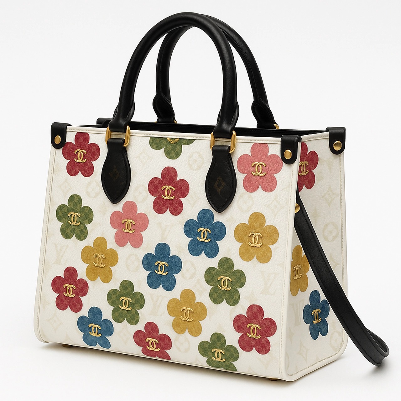Louis Vuitton x Chanel Limited Edition Multicolor Flower Leather Handbag