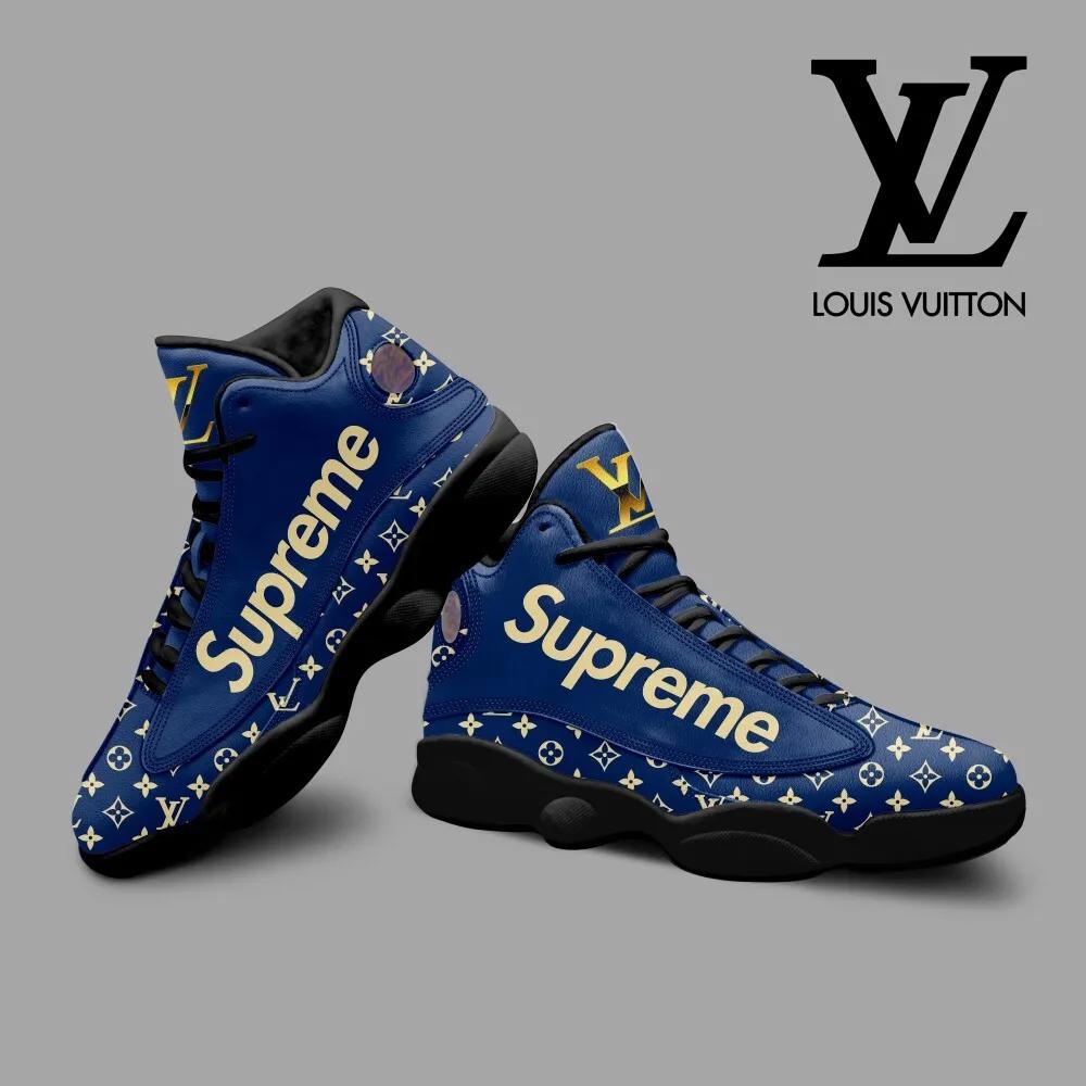 Louis Vuitton X Supreme Blue Monogram Jordan 13 High Sneaker