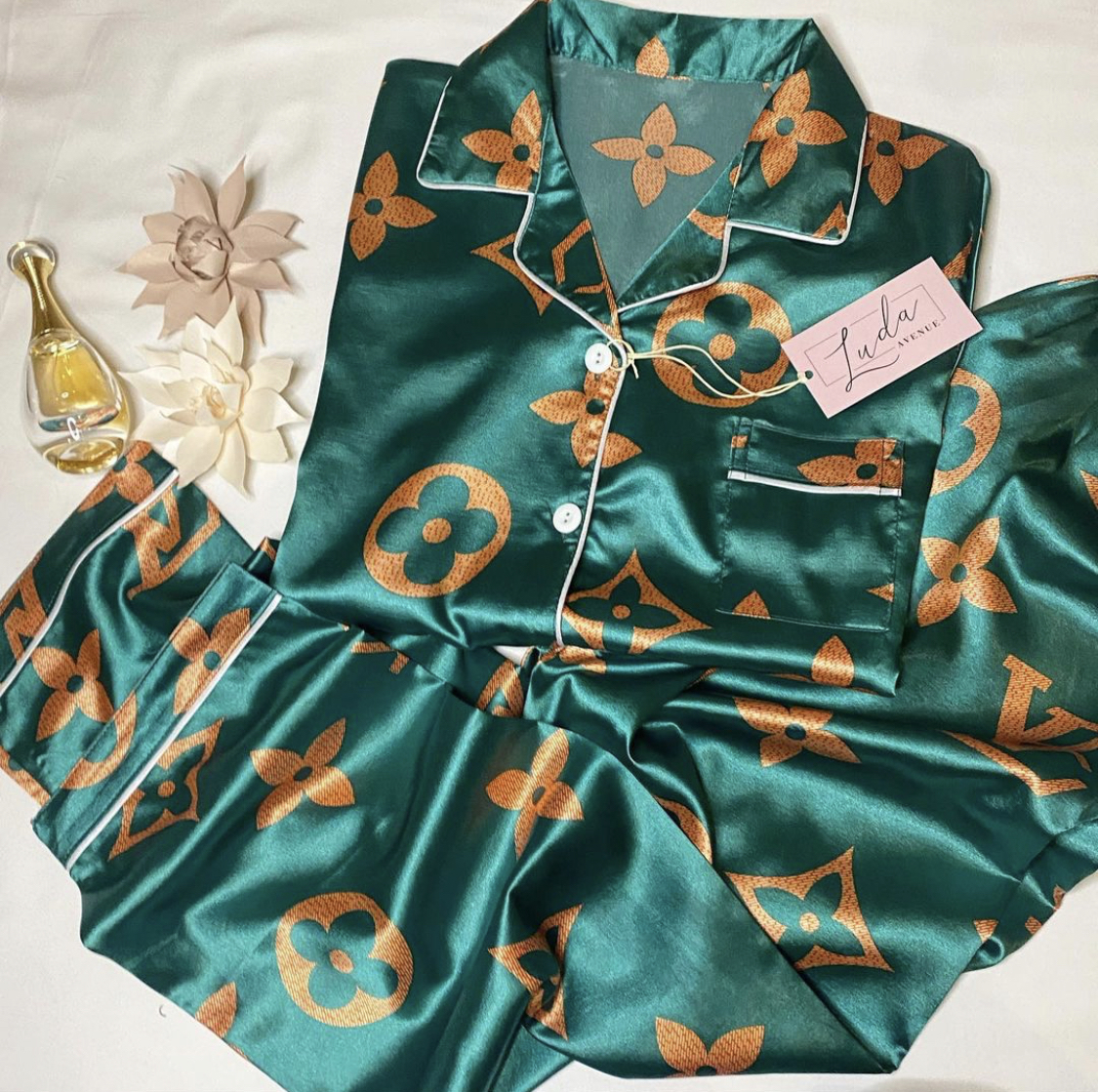 Luda Luxury Green Monogrammed Satin Pajamas