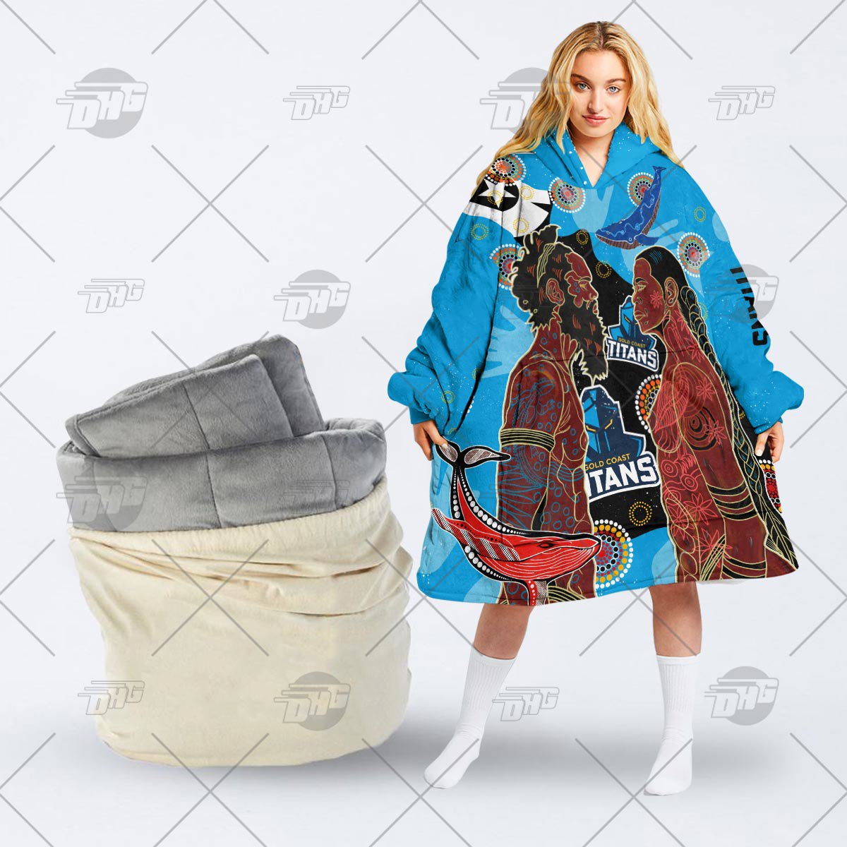 Luxe Titans Hoodie Blanket with Aboriginal Artwork and Bold Colors