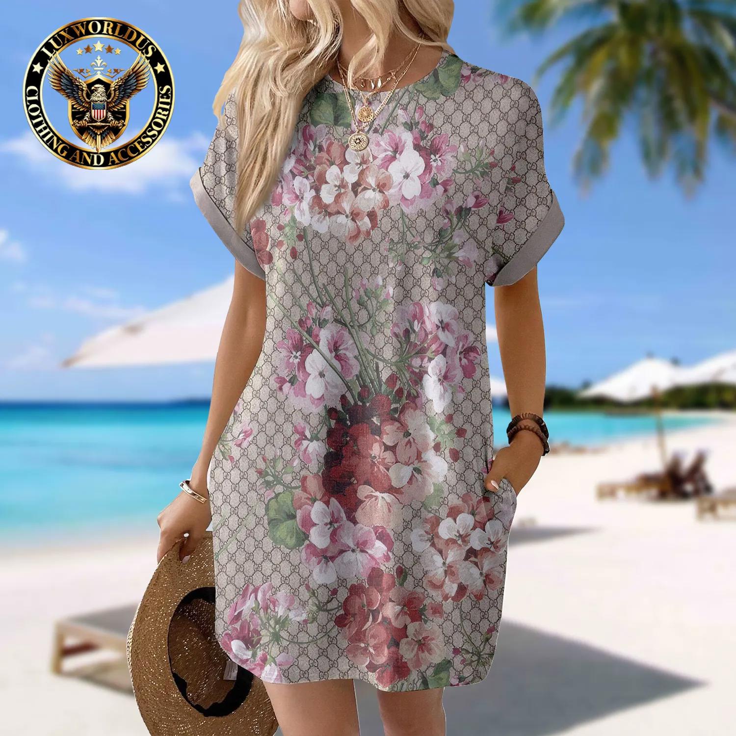 Luxurious Floral Print Sleeve Pocket Dress by Designer Clothing and Accessories