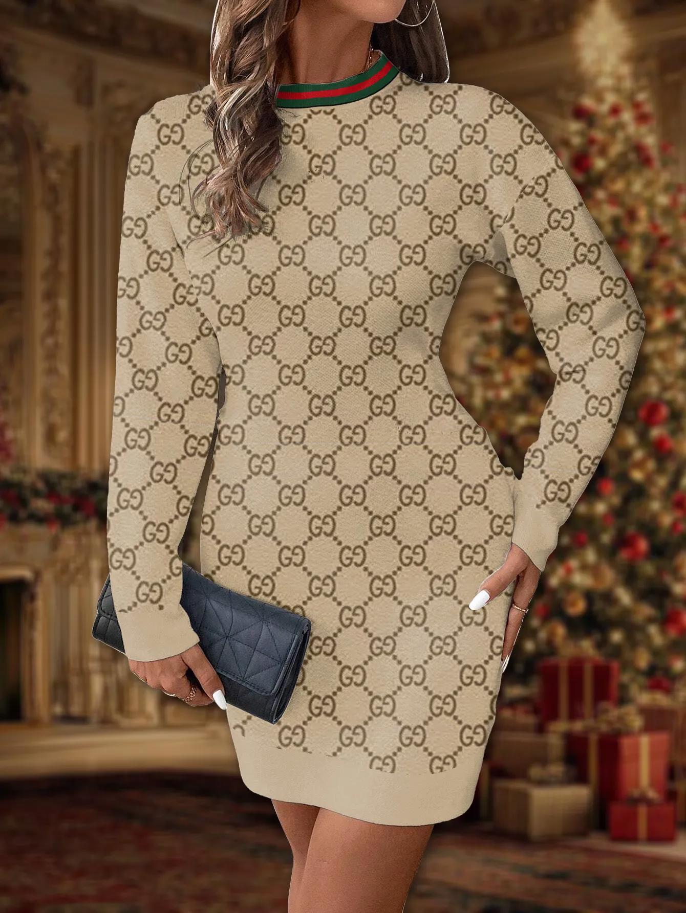 Luxury Designer Statement Sweater Dress in Beige and Gold