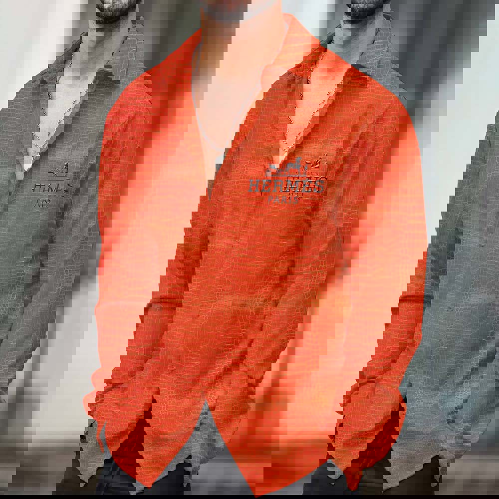 Luxury Hermes Paris Orange Silk Croc-Embossed Long Sleeves Shirt