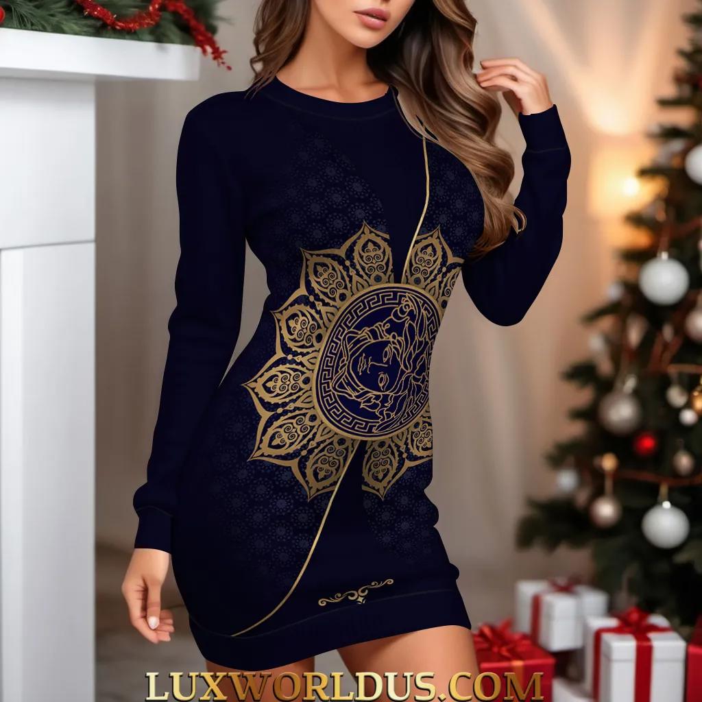 Luxury Statement Sweater Dress Gold Monogram Design